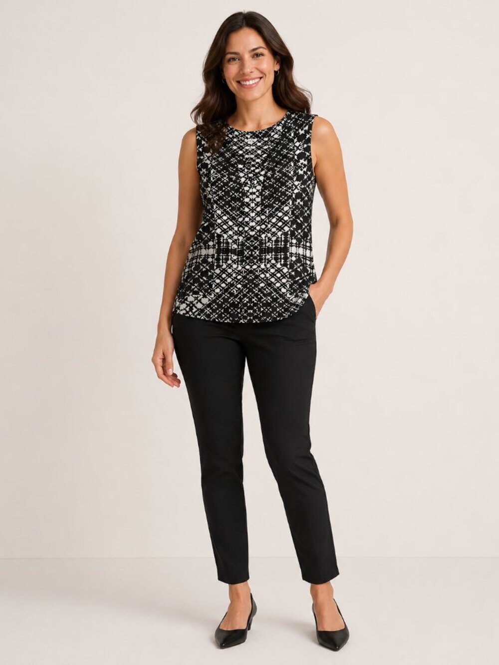 Calvin Klein S/P Black White Abstract Plaid Sleeveless Career Blouse